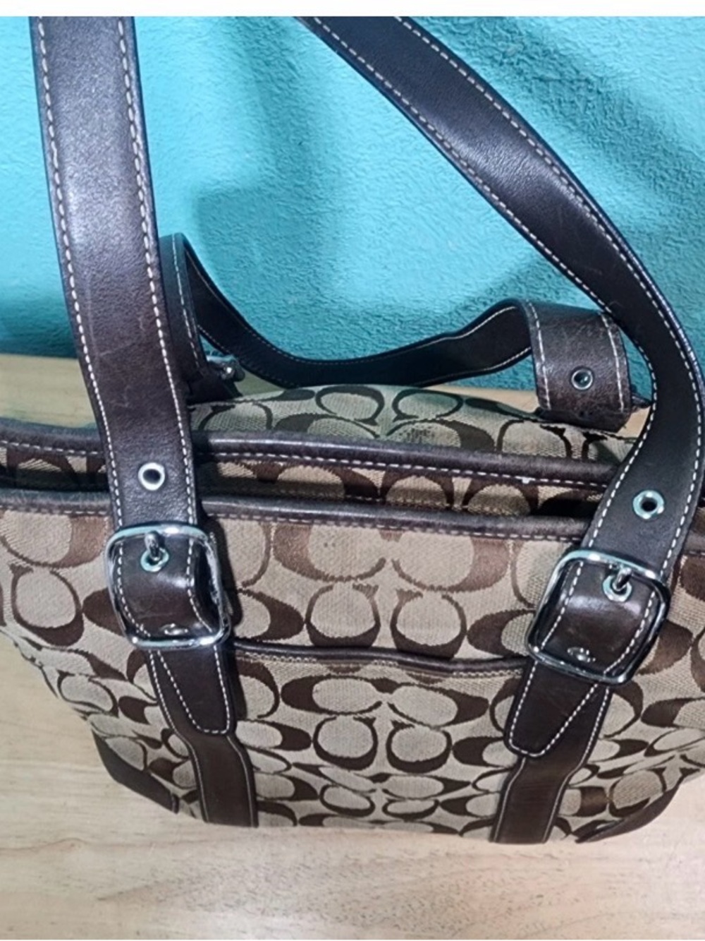 Coach Brown Signature Canvas Tote with Dark Brown Leather Trim - Picture 3 of 8
